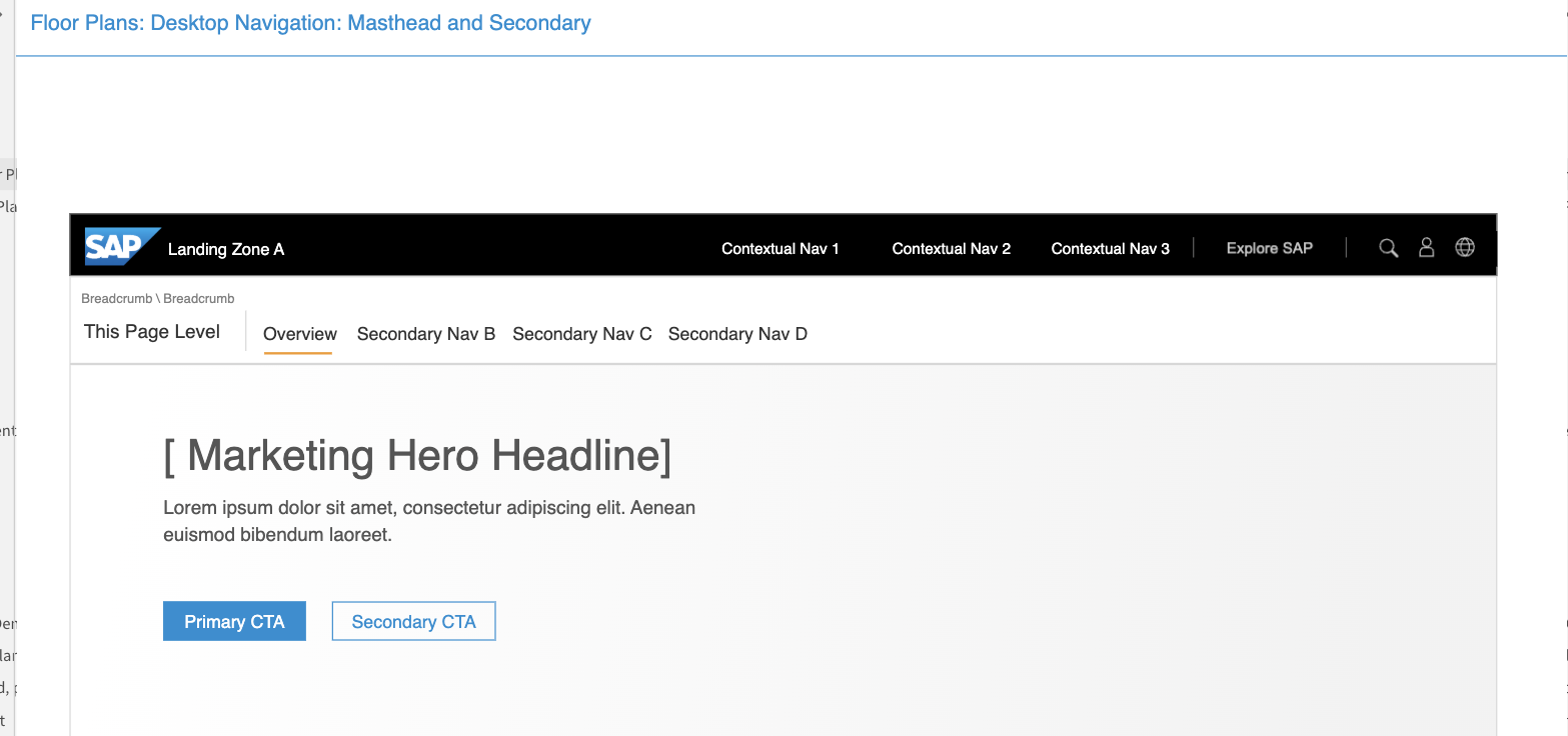 Desktop navigation floor plan wireframe — masthead with contextual nav and Explore SAP, plus breadcrumb and secondary navigation tabs
