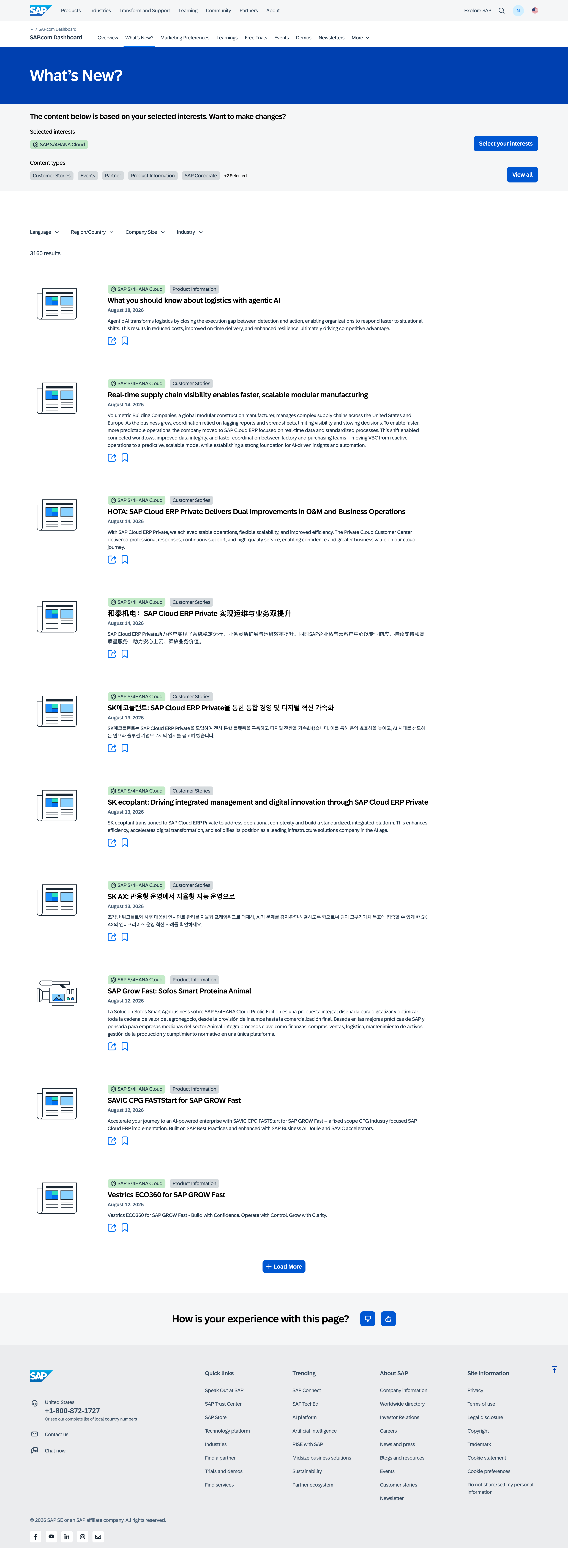 SAP.com What's New page, filtered to SAP S/4HANA Cloud interest, showing a localized, taggable content feed